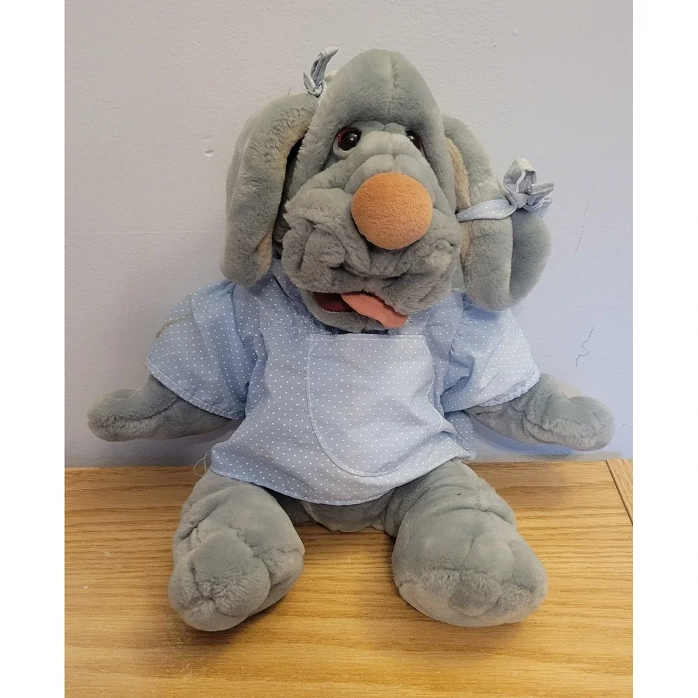 Vintage Wrinkles Dog Plush Puppet Lot of 3 Ganz Bros Tan Grey 1980s ID Tags